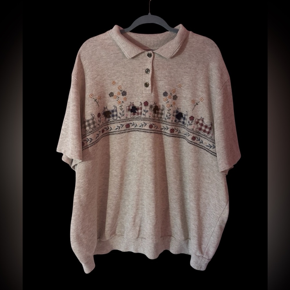 Vintage 90s Streetwear Womens Large Distressed Flower Dog Long Sleeve Polo Shirt